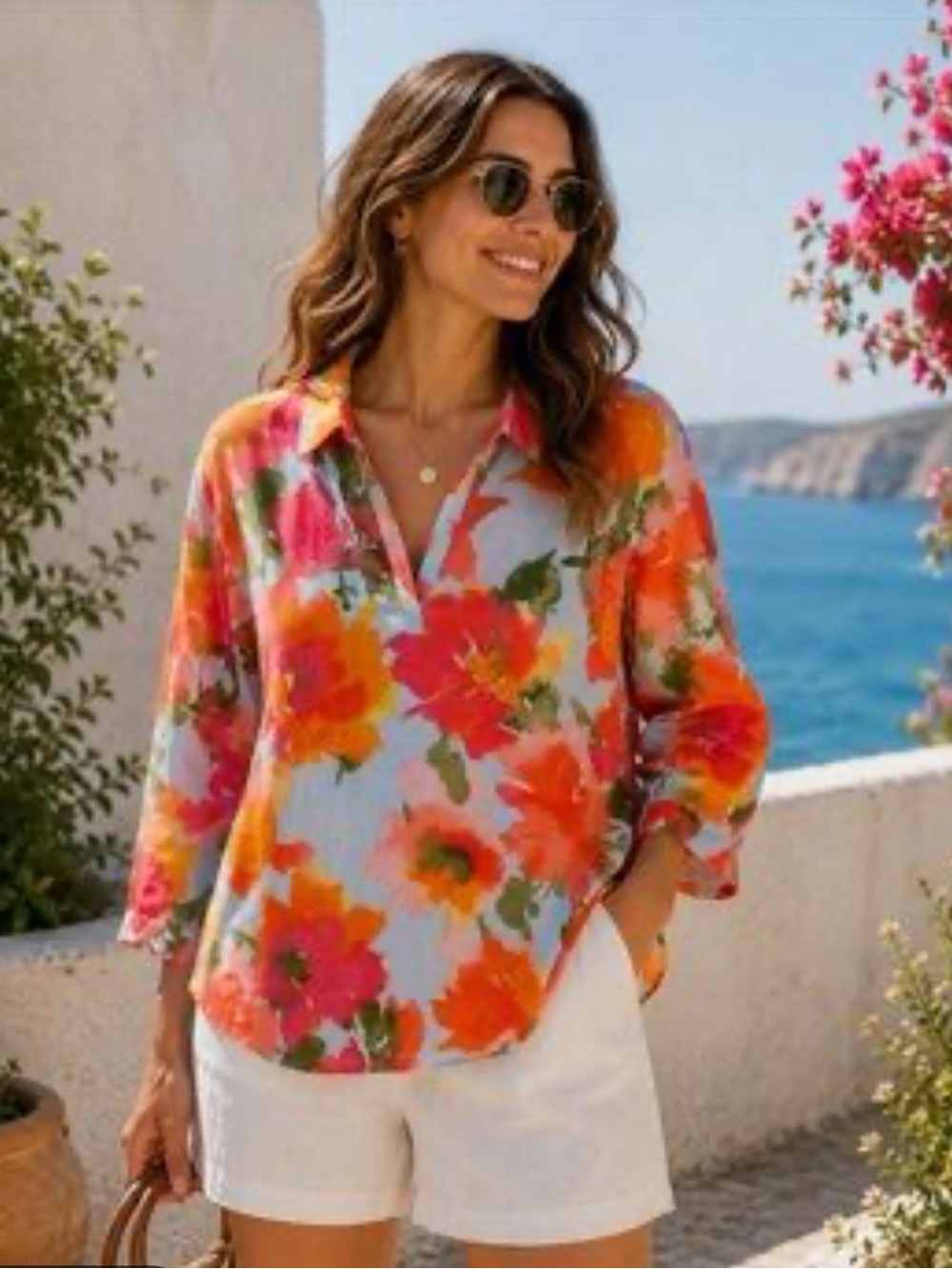 JOIE 100% linen multicolor floral v-neck collared lightweight top, size XL - Picture 10 of 13